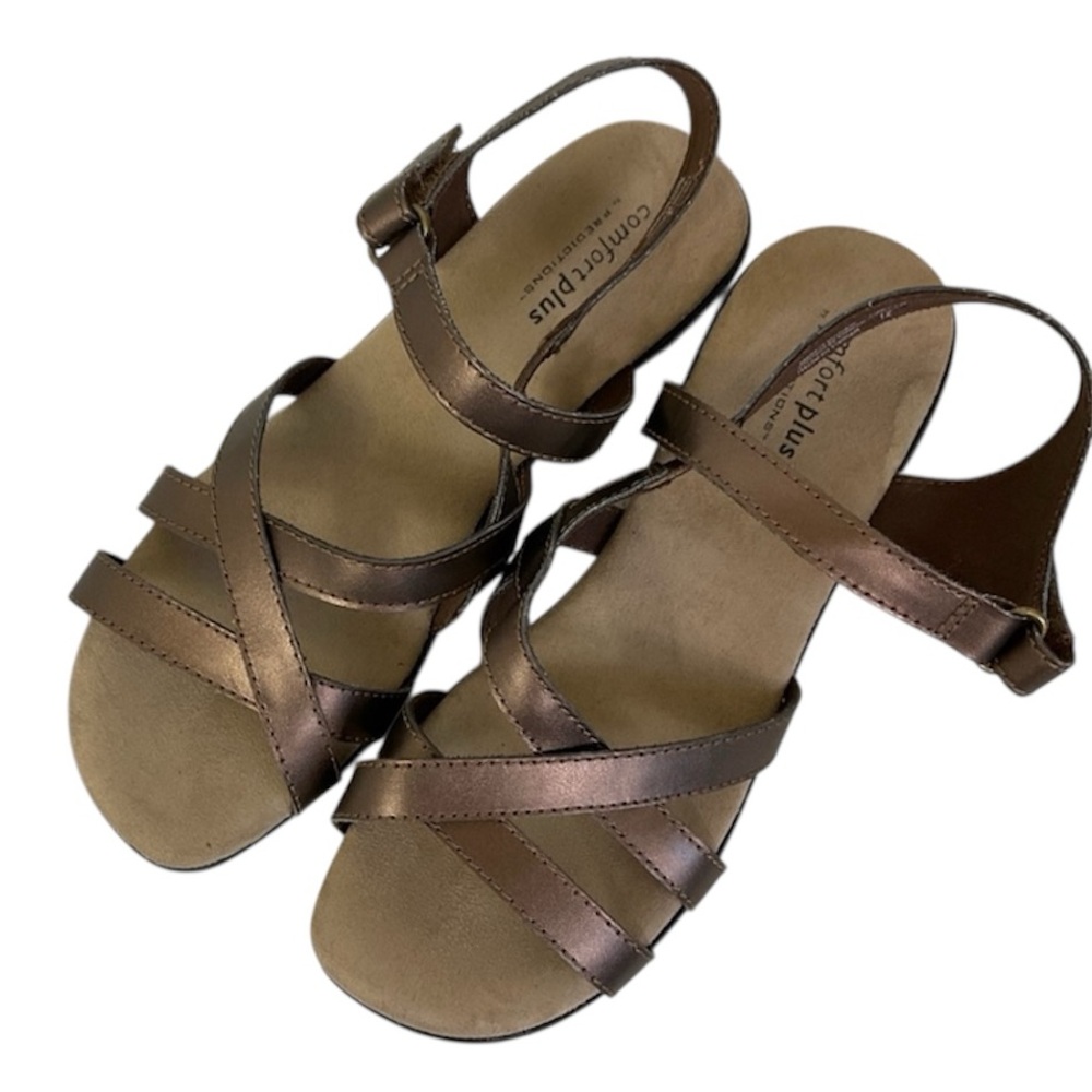 NEW Comfort Plus by Predictions Women's Bronze Strappy Low Heel Wedge Sandals 12